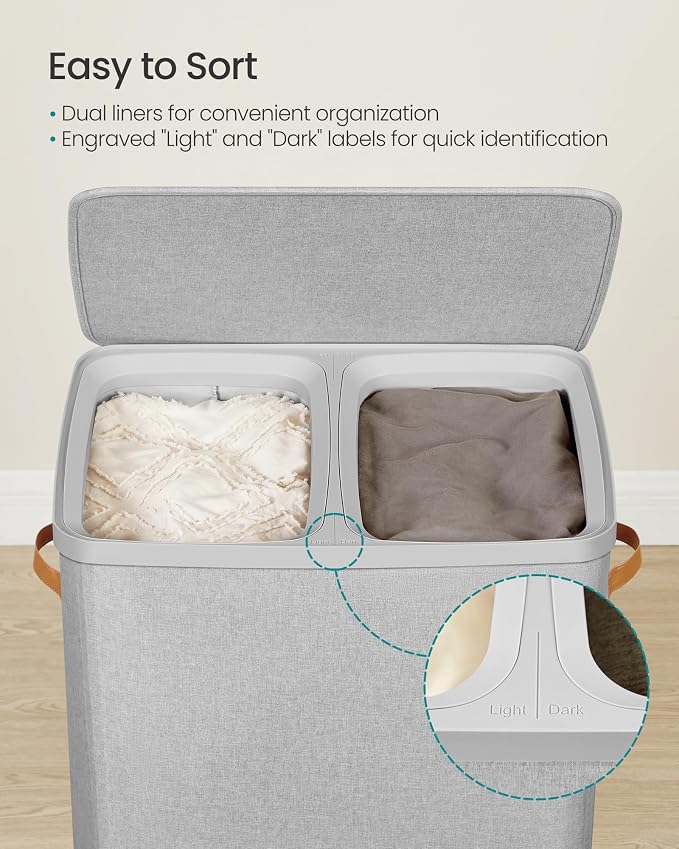 SONGMICS Laundry Basket, 44.9 Gal. Laundry Hamper, 2 Compartments, Easy Assembly, with Lid and Handles, Removable Inner Bags, 22 x 15.7 x 29.5 Inches, Dove Gray ULCB813G01 - Image 3
