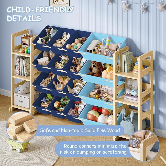 EXPERLAM Extra Large Toy Storage - Toy Storage Organizer, Wooden Toy Organizer with 6 Side Shelves and 16 Bins, 3-in-1 Bookshelf for Kids Rooms, Playroom, Nursery, Blue - Image 7