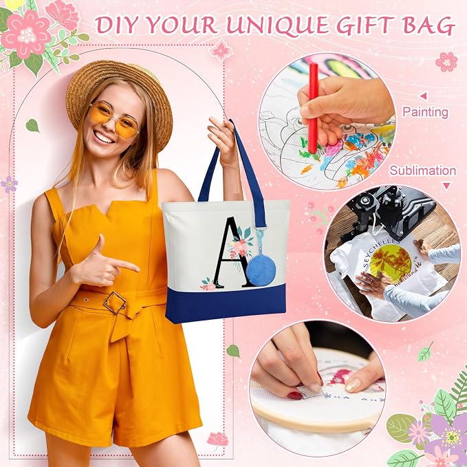 Sanwuta Canvas Tote Bags Bulk with Zipper and Plush Coin Purses 18.5" Reusable Cotton Shopping Bags with Handle for DIY Craft - Image 7