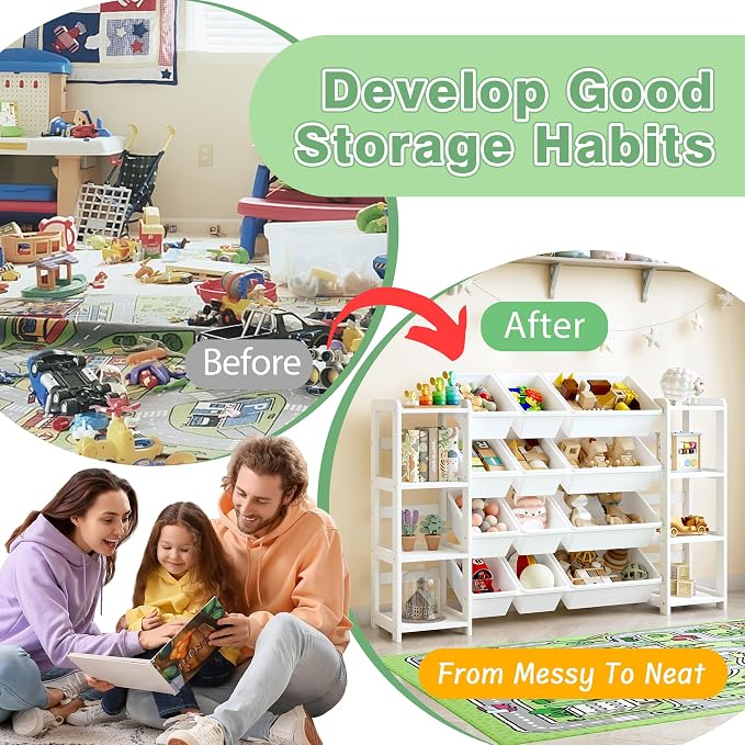 MallBest Extra Wide Toy Storage Organizer with Dual Bookshelves, Kids Wooden Shelf with 12 Removable Bins for Books, Toys, Playroom, Nursery, Bedroom, White, Large - Image 7