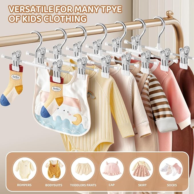 HUADYMEET 10 Inch Kids Pants Skirt Hangers with Clips,Toddler,White,30 Pack | Space Saving,Adjustable,Non Slip,Metal Hanger for Closet Organization Jeans Shorts,For Baby,Toddler,Children - Image 4