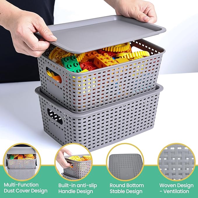 Ohmlove 8 Pack Plastic Storage Baskets with Lids for Organization | Stackable Storage bins, Storages Baskets for Organizing Shelves Drawers Desktop Closet Playroom Classroom Office, Gray - Image 3