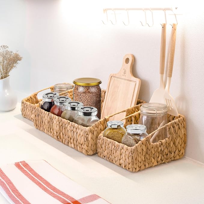 KOKODO Rectangular Wicker Storage Baskets for Shelves, Set of 3 Water Hyacinth Woven Bins with Handles, Open Front Pantry Shelf Organizer for Closet, Bedroom, Boho Decorative, Natural - Image 3