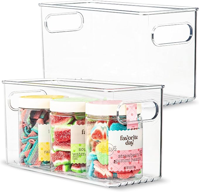 Plastic Food Storage 2 Pack Clear Container Bin with Handles for Organizing Kitchen, Pantry, Refrigerator, Freezer, Pantry, Cabinet, Closet, Bathroom. 10”x4”x5” by primebox