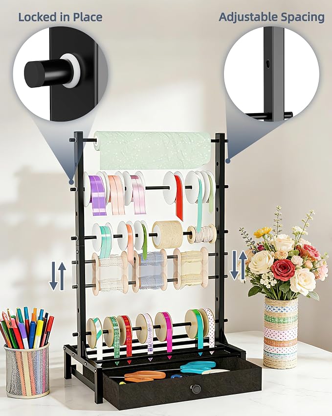Ribbon Organizer with Fabric Drawer, Adjustable 5-Tier Ribbon Holder Rack | Stores Gift Wrap Ribbons, Craft Supplies, and Wrapping Tools with a Stable Metal Design for Easy Organization - Image 4