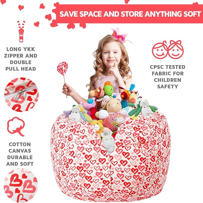 WEKAPO Stuffed Animal Storage Bean Bag Chair Cover for Kids | Stuffable Zipper Beanbag for Organizing Children Plush Toys Large Premium Cotton Canvas (Heart, X-Large) - Image 8