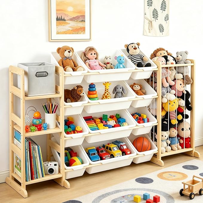 Kids Toy Storage Organizer with Bookshelf & Stuffed Animal Storage,12 Toy Bins +1 Free Storage Box,Playroom Nursery Organization Plush Toy Storage by HOME