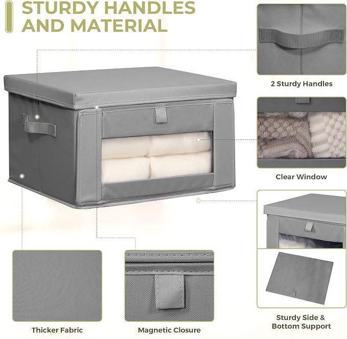 Thick Fabric Storage Bins with Lids, Collapsible Storage Box Closet Shelf with Clear Window, Decorative Baskets for Clothes, 3 Set, Grey, Medium - Image 5