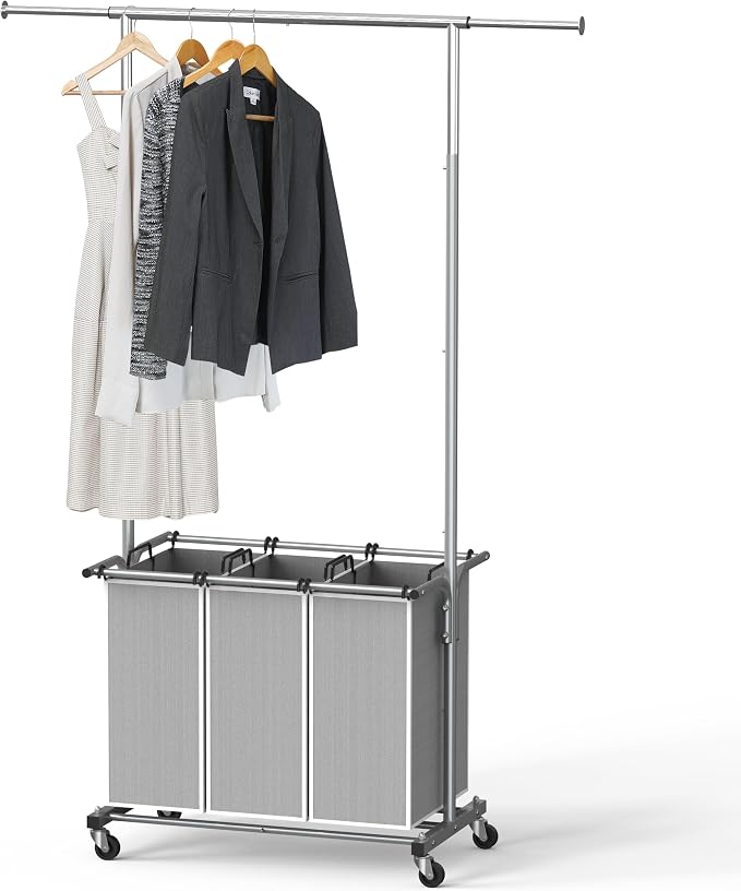 Simple Houseware Laundry Sorter Cart with Hanging Rod, Silver | Extendable Width from 30.25 to 49.25", Removable 3-Section Laundry Basket by SimpleHouseware