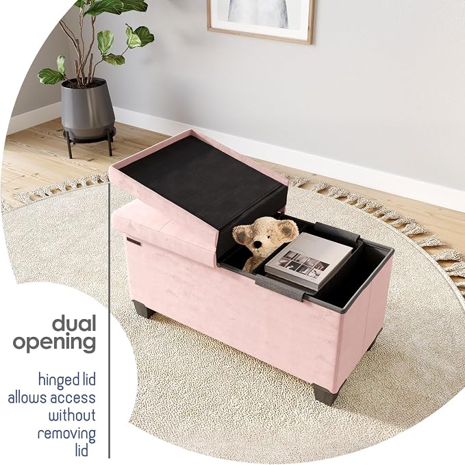 Storage Ottoman Bench with Bins, 30-in Storage Bench for Bedroom End of Bed, Folding Foot Rest Ottoman for Living Room Max 660lbs, Velvet Ottomans, Pink - Image 8