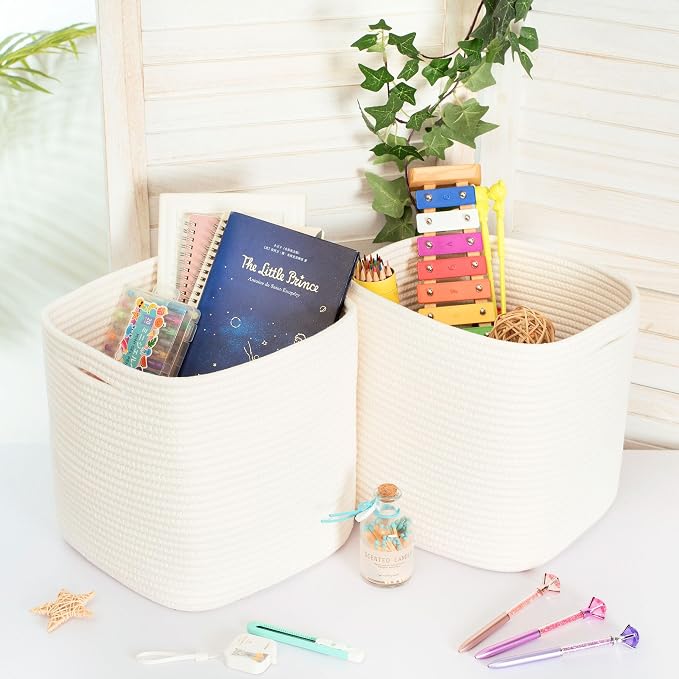 3-Pack 11x11in Woven Cube Storage Bin and Shelf Baskets, Cute Decorative Square Organizer for Closet, Classroom, Bathroom, Dog and Cat Toys, and Books, Creamy White - Image 4