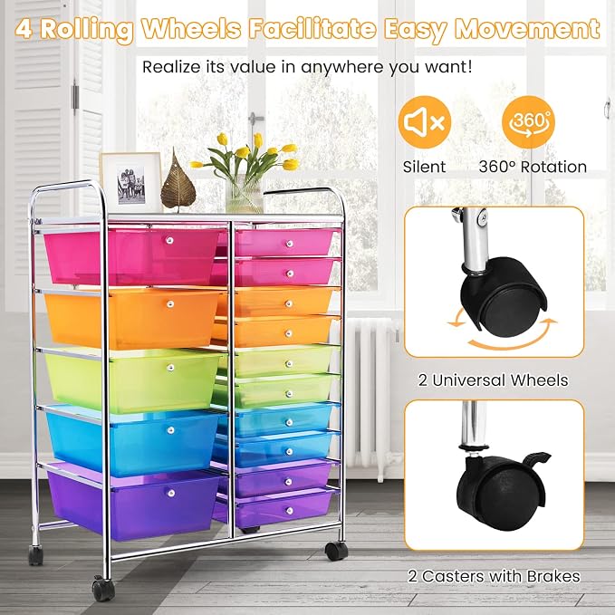 DREAMADE Rolling Cart with 15 Drawers, Utility Cart with Removable Storage Drawers, Lockable Wheels, Art Cart for Home Office Living Room Art Supplies Crafts (Rainbow, 25"L x 14.5"W x 34.5"H) - Image 4