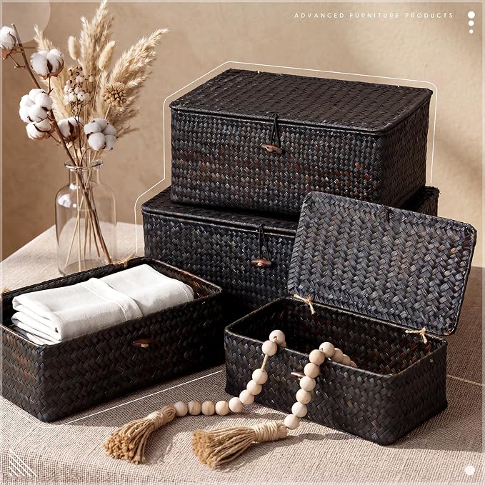 Woanger Set of 4 Wicker Baskets with Lids, Nautral Seagrass Storage Baskets, Woven Rectangular Basket Bins, Rattan Storage Organizer for Shelf Closet Bedroom(Black) - Image 4