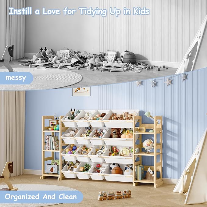 EXPERLAM Extra Large Toy Storage - Toy Storage Organizer, Wooden Toy Organizer with 6 Side Shelves and 16 Bins, 3-in-1 Bookshelf for Kids Rooms, Playroom, Nursery, White - Image 7