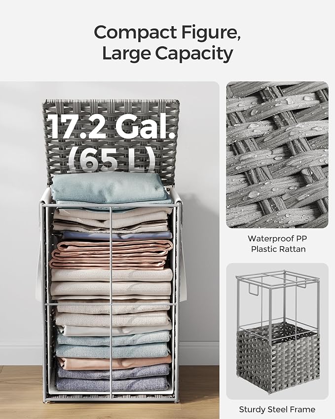 SONGMICS Laundry Hamper with Lid, 17.2 Gallon (65 L) Synthetic Rattan Clothes Laundry Basket with Lid and Handles, Foldable, Removable Liner, Dove Gray ULCB165G01 - Image 5