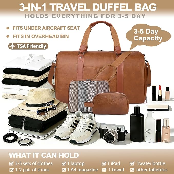 Large 3-in-1 Leather Duffle Bag for Travel Weekender Overnight Hospital Gym Bag for Men & Women, Carry On Airline Approved Personal Item Duffel Garment Bag Luggage with Shoe Compartment & Toiletry Bag - Image 5