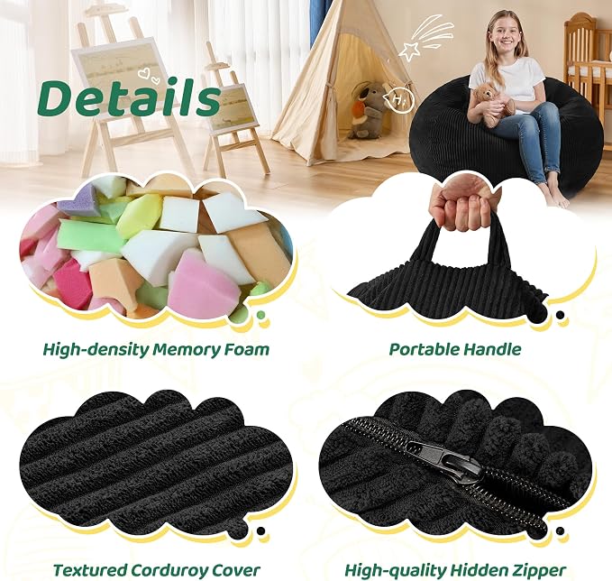 2FT Bean Bag Chair: 2' Small Bean Bags with Memory Foam Filled | Beanbag Chairs with Handle,Teardrop Bean Bag Sofa with Corduroy Machine Washable Cover for Living Room,Bedroom-Black - Image 5