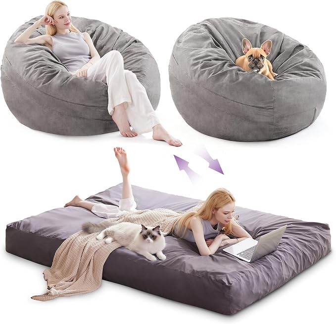 Giant Bean Bag Chair Bed for Adults, Convertible Beanbag Chairs to Floor Mattress, Large Bean Bag Lazy Chair with High-Density Foam Filling, Bean Bag Couch Sofa Bed Machine Washable,Light Grey by AYEASY