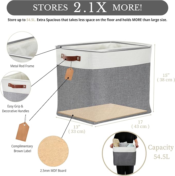 DECOMOMO Extra Large Storage Baskets, 54.5L Fabric Storage Bins 3 Pack | XXXL Storage Baskets for Shelves, Linen Closet Organizers (Slate Grey & White,17" x 13" x 15" ) - Image 3