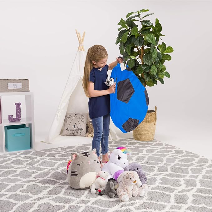 Posh Creations Kids Stuffed Animal Storage Bean Bag Chair Cover - Childrens Toy Organizer, Medium-27in, Sports Soccer Ball Blue and Black - Image 4