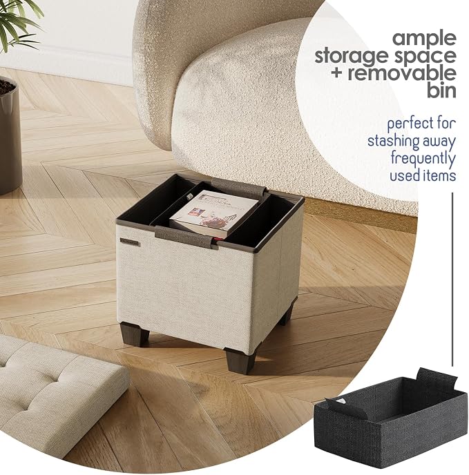 Storage Ottoman Cube with Small Bin, 15-in Square Ottoman with Storage for Living Room and Bedroom, Small Ottomans Foot Rest, Fabric Foot Stools Ottomans Max 330lbs, Beige - Image 3