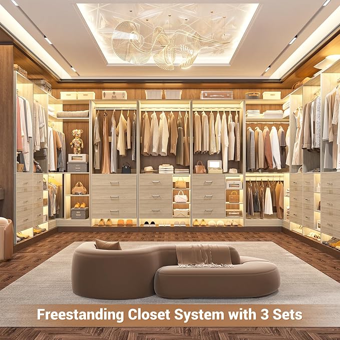Aheaplus Closet System with 6 Drawers, 4 Hanging Rods & Corner Tower, Corner Closet System with Hanging, 86.8" L-Shaped Walk-In Wardrobe Organizer, 2000+ lbs Capacity, Set of 3, White Oak - Image 4