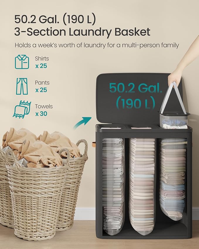 SONGMICS Laundry Basket, 50.2 Gal. Laundry Hamper, 3 Compartments, Easy Assembly, with Lid and Handles, Removable Liners, 25.2 x 15.7 x 29.5 Inches, Ink Black ULCB814BH01 - Image 4
