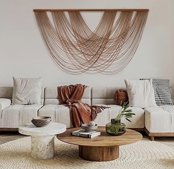 Large Macrame Wall Hanging Brown Die-Dyed 59.00" W x 31.00" L Boho Wall Decor Yarn Tapestry Craftsmanship Home Macrame Wall Decor | Boho Home Decor, Large Textile Art, Handmade Cotton Craft, for Living Room Sofa Backdrop, Bedroom Headboard, Boho Fiber Art - Image 5