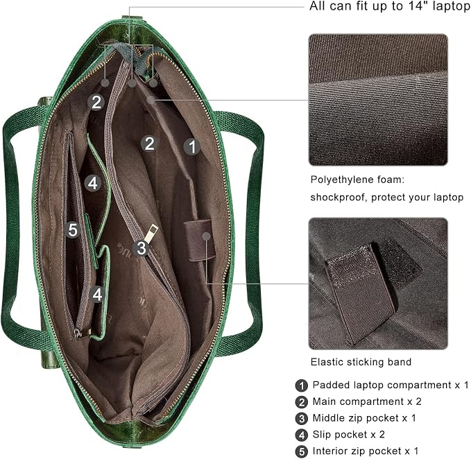 S-ZONE Women Vintage Genuine Leather Tote Bag Large Shoulder Purse Work | 14" Padded Laptop Compartment, Detachable Long Strap, Luggage Strap, Multi Pockets, Travel Everyday - Image 3