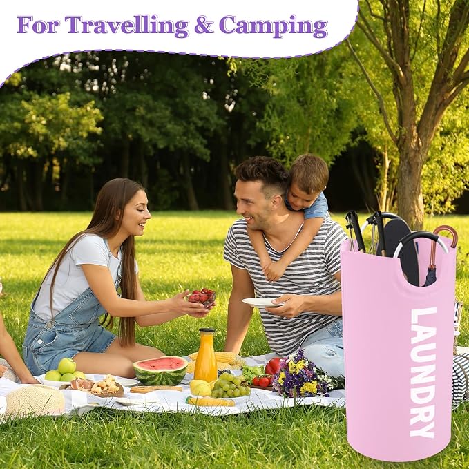 95L Large Laundry Basket with Handles, Foldable Clothes Hampers Stand Up Well, Waterproof Dirty Clothes Hamper, Rugged Laundry Basket for Flat, Dorm, Hotel, Pink - Image 9