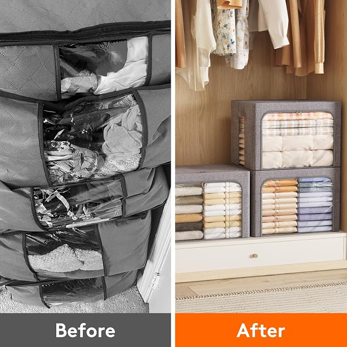 Lifewit Clothes Storage Bins with Metal Frame, Stackable Storage Box, Foldable Clothing Storage Bins with Lids, 100L Storage Bags Fabric Box Organizer with Clear Window＆ Zippers＆ Sturdy Handles 3 Pack - Image 8