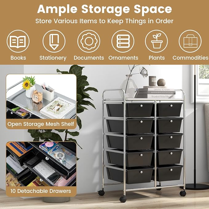 Moccha Rolling Storage Cart with 10 Drawers - Under Desk Storage Drawers with wheels for Craft Art Supply Paper Salon, Storage Drawers Organizer for Classroom Office Movable Utility Cart - Image 4
