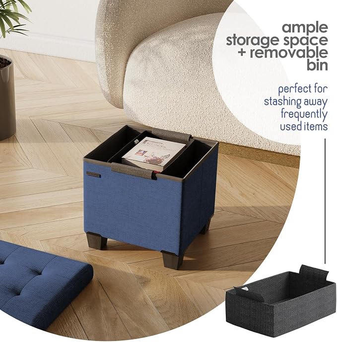 Storage Ottoman Cube with Small Bin, 15-in Square Ottoman with Storage for Living Room and Bedroom, Small Ottomans Foot Rest, Fabric Foot Stools Ottomans Max 330lbs, Blue - Image 4