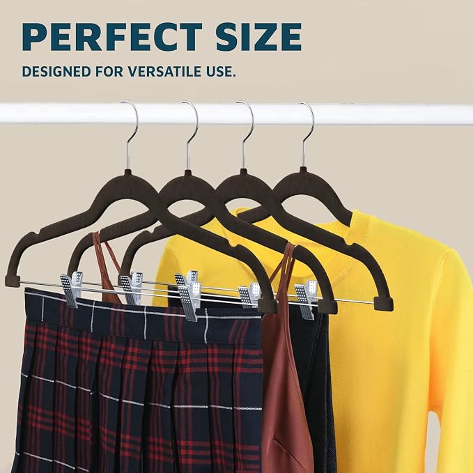 Lifemaster Velvet Skirt Hangers – with Adjustable Clips, 360 Degree Swivel Hook, and Non-Slip Shoulder Notch, Holds Up to 10 lbs, for Organizing Skirt, Pants, Dress, and Clothes, Pack of 30, Brown - Image 3