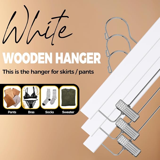 Quality Hangers Wooden Pants Hangers - 120-Pack Swivel Hook Cloth Hanger Set - Lotus Wood Skirt, Pant, Shorts and Slack Hangers with Adjustable Clip – Clothing Hanger Set (White - Chrome Hook, 120) - Image 7