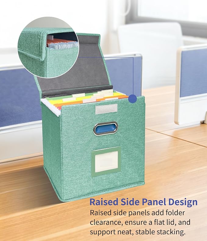 4 Pack Hanging File Folder Box with Lid, Durable Letter Size Filing Storage Box, Sturdy File Holder with Cardboard Support PVC Rails for Office Home Organizer, Green - Image 3