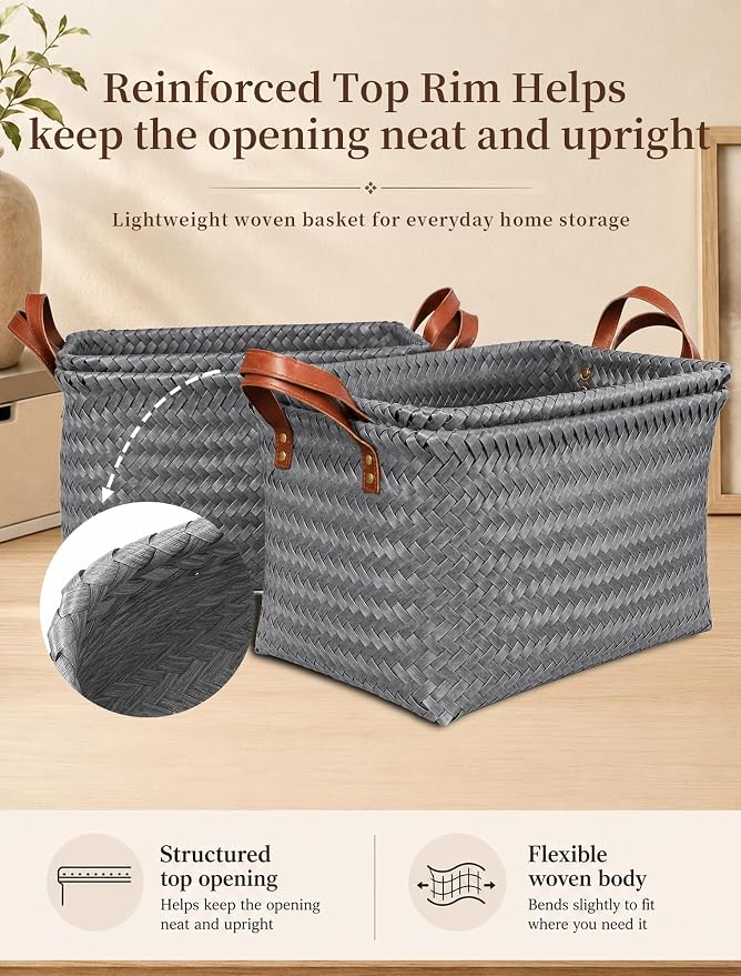 Wicker Storage Baskets, 4 Pack Woven Baskets for Shelves, Grey | PP Rattan, Water-resistant Wicker Basket, Large Baskets with Faux Leather Handles for Blanket, Laundry Organizer, Room Decor - Image 5
