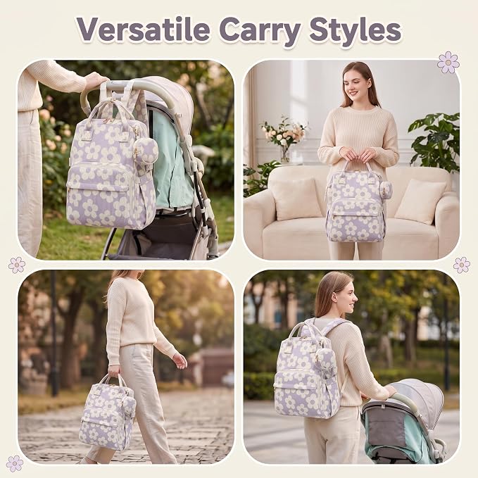 Baby Diaper Bag Backpacks for Mom Dad, Corduroy Large Capacity Multifunction Nappy Bag with Pacifier Case, Baby Travel Essentials Diaper Backpack for Boys Girls - Large Flowers Purple - Image 8