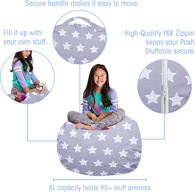 Posh Creations Kids Stuffed Animal Storage Bean Bag Chair Cover - Childrens Toy Organizer, Large-38in, Canvas White Stars on Gray - Image 2