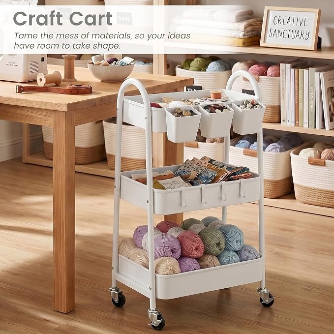 danpinera 3-Tier Rolling Cart, Utility Cart Mobile Metal Rolling Storage Cart with Lockable Wheels & Hanging Cups & Hooks for Kitchen, Bathroom, Office, Workshop, White - Image 5
