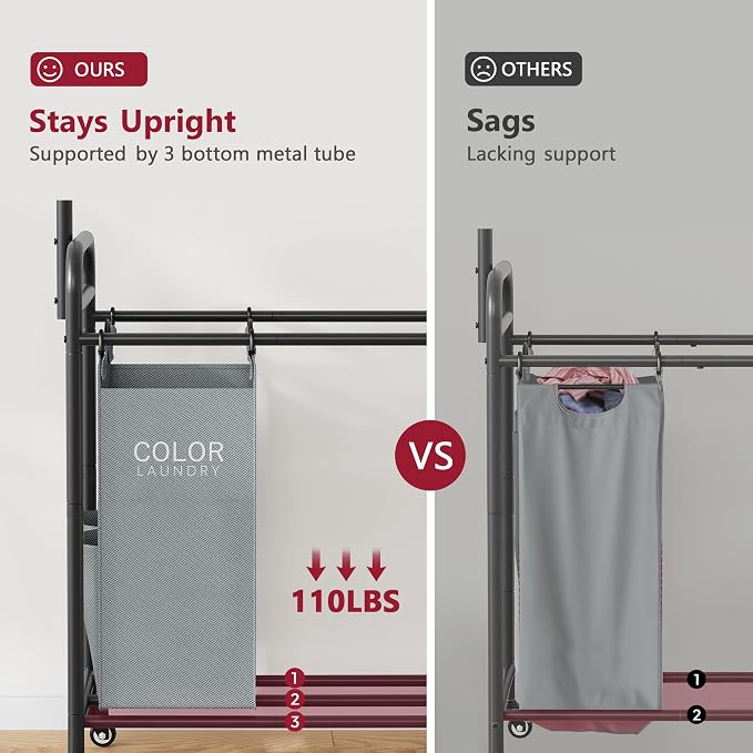 Laundry Sorter Cart with Hanging Rack, 5 Section, 5 Colors | 246L Rolling Laundry Hamper with Lockable Wheels and Removable Bag, Laundry Basket Organizer for Bathroom, Laundry Room - Image 5