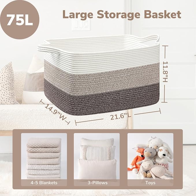 Goodpick Large Woven Rope Blanket Basket, Rectangle, White Brown | 21.6'' x 14.9'' x 11.8'' Storage Basket for Blankets & Toys, Living Room, Bedroom & Nursery Organization, Reinforced Handles - Image 3