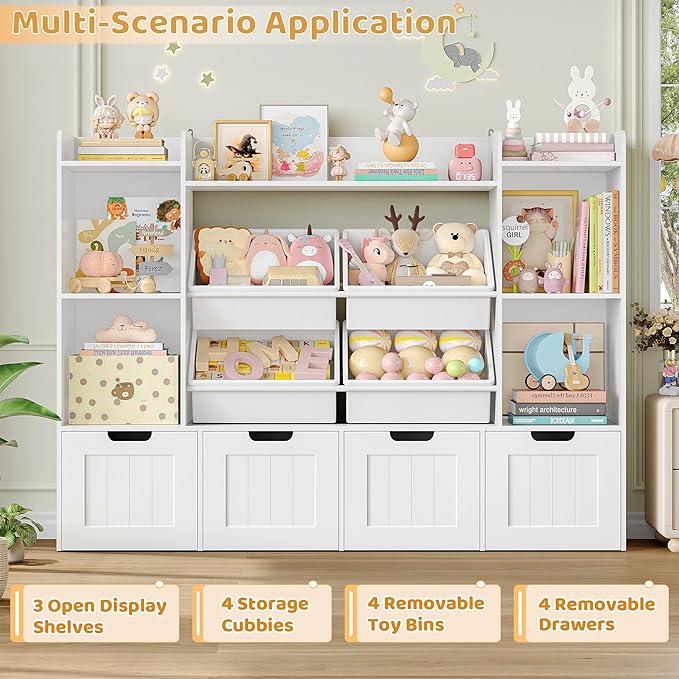 Toy Storage Organizer, Toy Organizer with 4 Movable Drawers and 4 Box Bins, Kids Playroom Storage Organization with Hidden Wheels for Living Room, Kids Room - Image 4