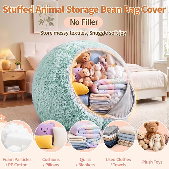 Stuffed Animal Storage Bean Bag Chair Cover, Soft Bean Bag Cover | Fluffy Faux Fur Stuffed Animal Storage Chair, Non-Slip Bottom, Fill with Plush Toys or Blankets, for Adults Teens Kids Girls - Image 3