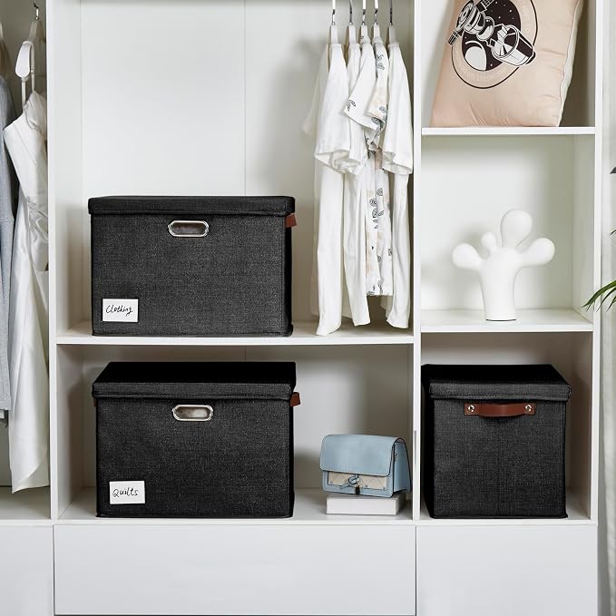 15" Fabric Storage Box with Lids, 3-Pack, Black | Stackable, Foldable, 2 PU Handles and 2 Metal Handles, Decorative Fabric, For Home, Bedroom, Closet, Office, Nursery - Image 7