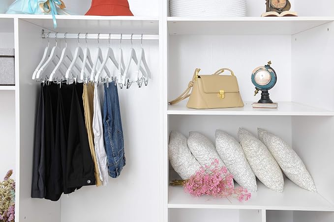 Quality Wooden Skirt Hangers with Clips, 10-Pack Smooth Solid Wood Pants Hangers with Durable Adjustable Metal Clips, Swivel Hook, Coat, Jacket, Blouse Suit Hangers (White, 10) - Image 3