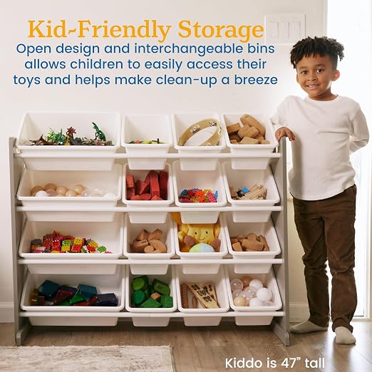 ECR4Kids 4-Tier Organizer with 16 Removable Plastic Bins, 4x4, Toy Storage, Grey/White | Durable plastic bins, MDF panels, steel frame, GREENGUARD Gold Certified, 60 lb capacity, anti-tip kit, playroom/classroom - Image 5