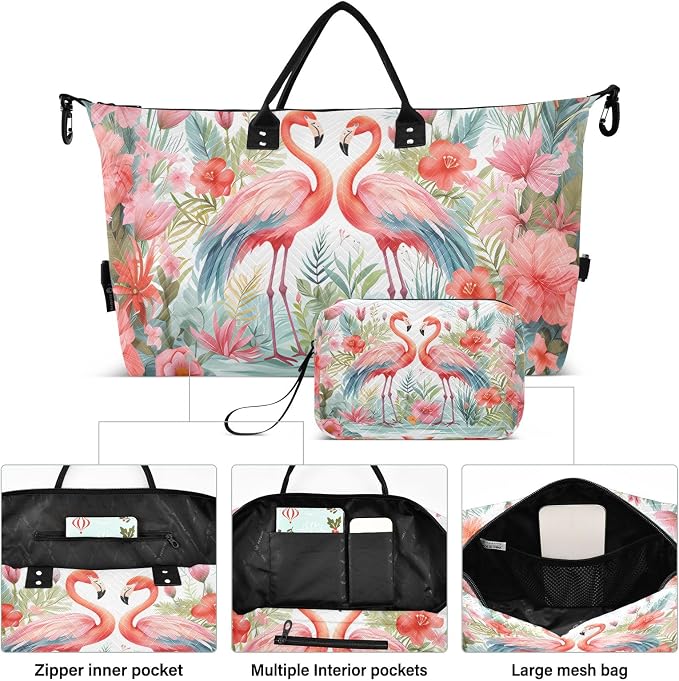 Large Travel Duffel Bag Sports Tote Gym Bag Overnight Weekender Bags Flamingo Floral Carry On Luggage with Toiletry Bags - Image 2