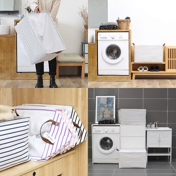 Hinwo 70L Extra Large Canvas Storage Bin with Lid and Handles, 6-Pack | Collapsible Fabric Baskets, Closet Shelf Organizers, Containers for Clothing, Blankets, Toys, Bedding (Gray Stripe) - Image 3