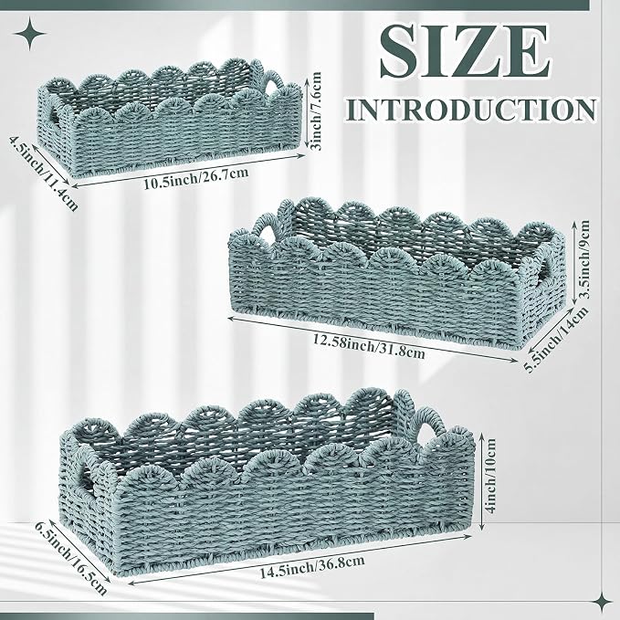Boao 3 Pcs Boho Storage Wicker Baskets Handmade Woven Decorative Paper Rope Baskets for Organizing with Handle Countertop Toilet Paper Storage Container for Toilet Tank Top (Smoggy,Fan-shaped) - Image 2